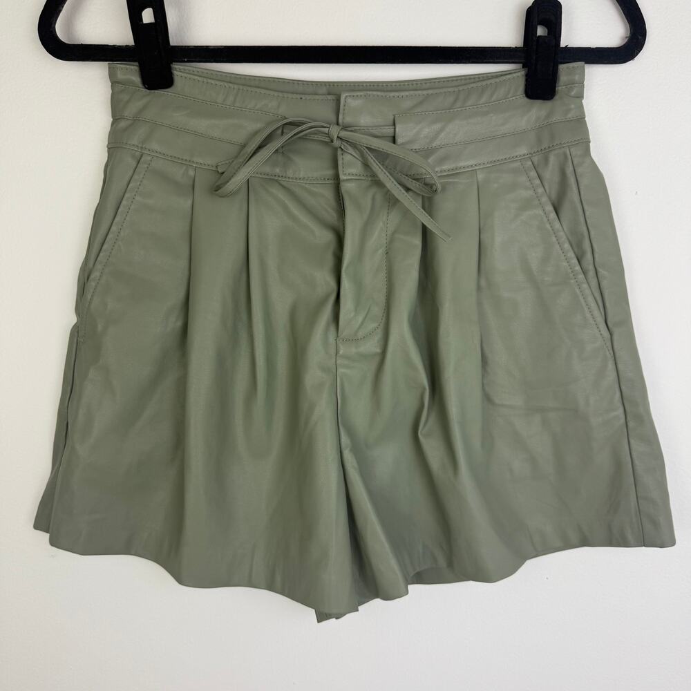 NWT Blank NYC Womens Vegan Leather High Rise Sage Green Pleat Drawcord Shorts 26
